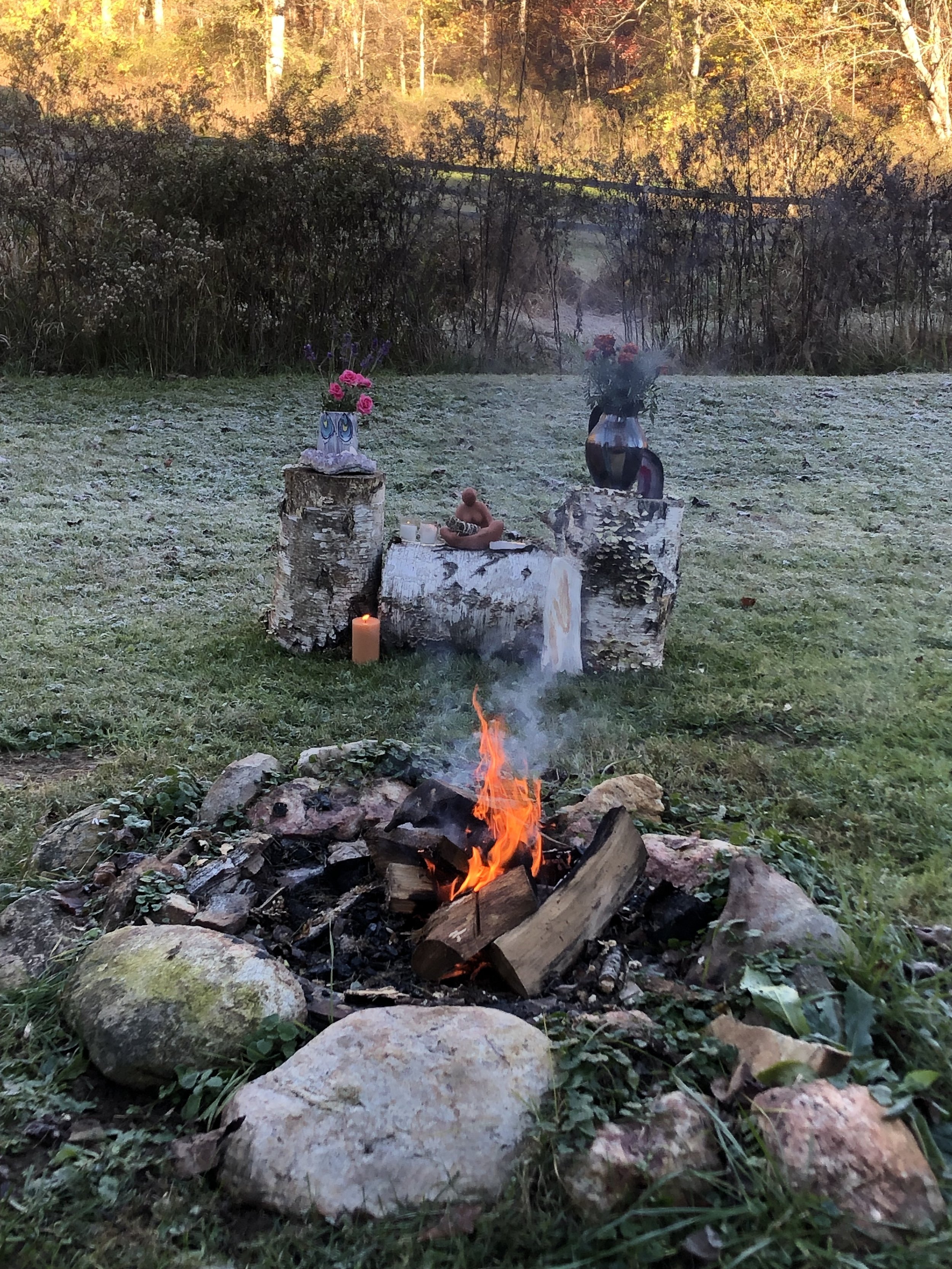 A small outdoor fire surrounded by rocks, with three tree stumps used as tables in the background. The tables hold vases with pink and purple flowers, candles, and decorative items. The scene is set in a grassy area with trees and bushes in the distance.