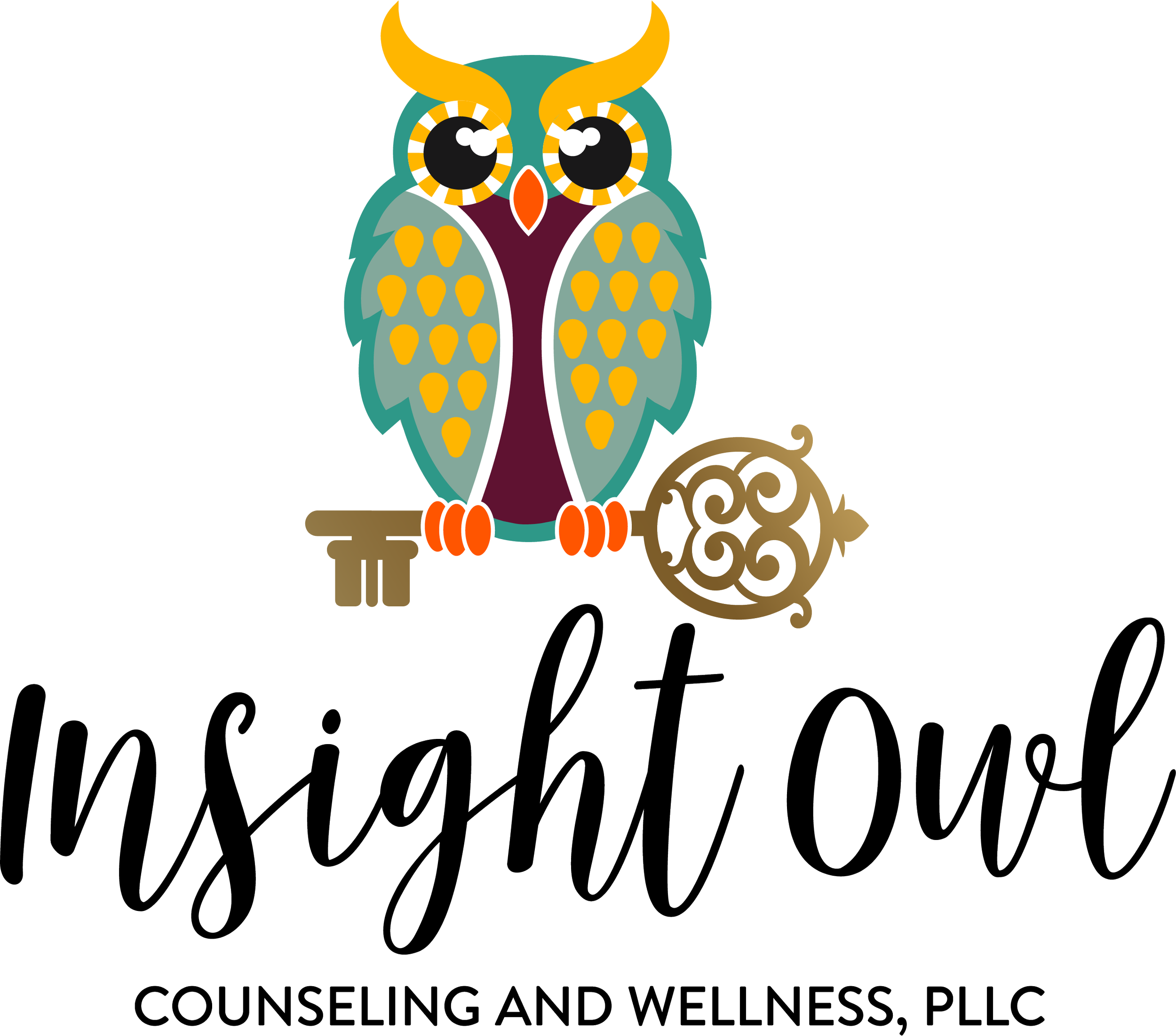 An illustrated owl with large eyes and colorful feathers, sitting on a branch next to a decorative wrought iron element. The text reads 'Insight Owl Counseling and Wellness, PLLC' with 'Insight Owl' in a large, cursive font and the rest in a smaller, uppercase font.