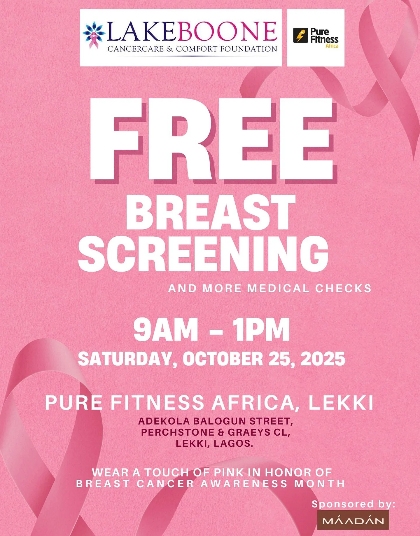 💪🏽💗 This Saturday, we move for a cause!

In partnership with Pure Fitness Africa, we&rsquo;re bringing @purefitnessafrica community a FREE Breast Screening &amp; Medical Check. 

📅 Saturday, October 25, 2025
🕘 9AM &ndash; 1PM
📍 Pure Fitness Afr