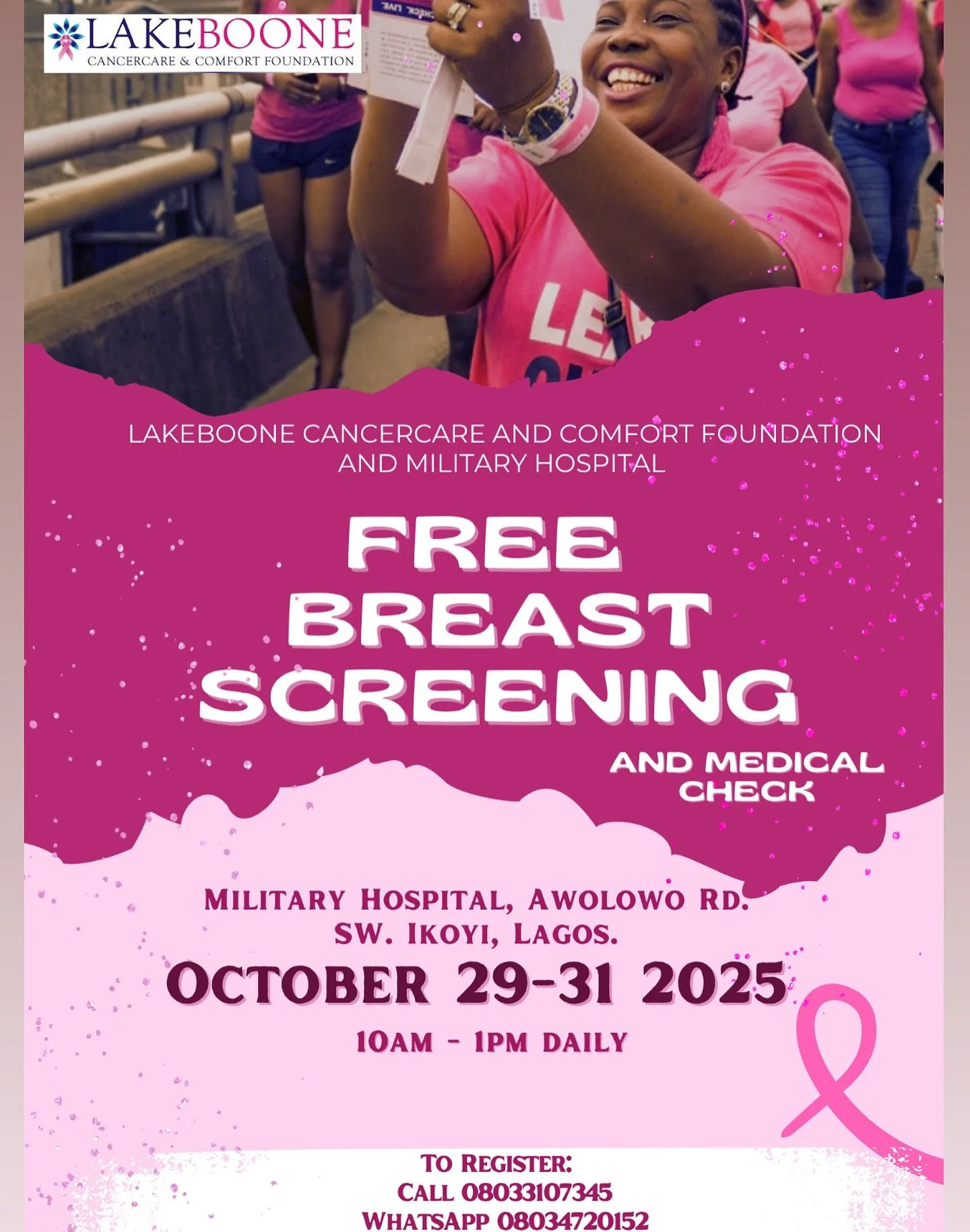 💗 Three Days of Care💗 

We&rsquo;re thrilled to announce our 3-day FREE Breast Screening &amp; Medical Check in collaboration with the Military Hospital, Ikoyi!

📅 October 29&ndash;31, 2025
🕙 10AM &ndash; 1PM daily
📍 Military Hospital, Awolowo R