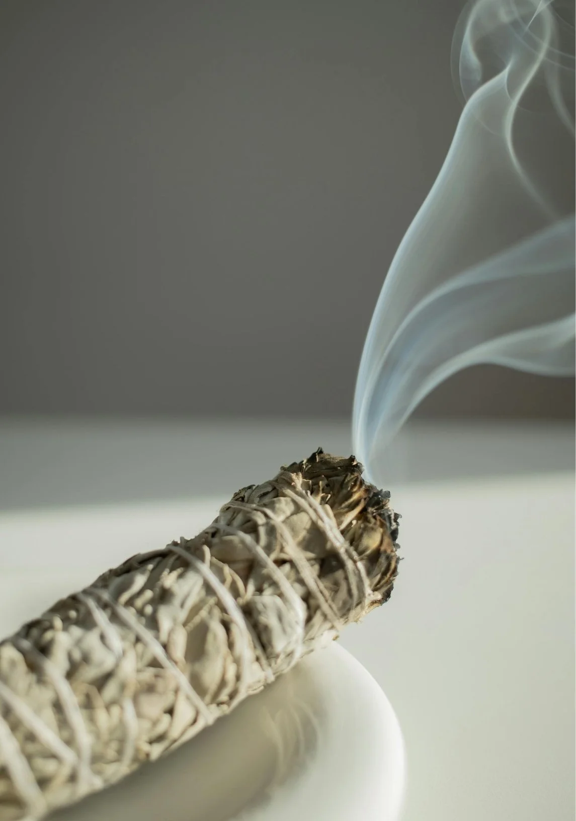 A smoldering log exhaling a curl of smoke against a plain background.