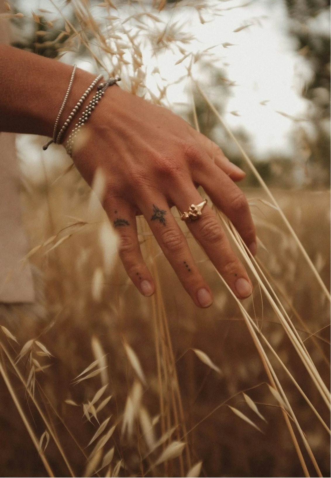 A person's hand with tattoos and jewelry, including rings and bracelets, resting among tall, dry, beige grasses in a natural outdoor setting during daytime.