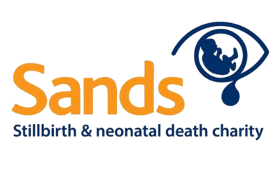 Logo for Sands, an organization supporting a regional death charity, featuring a stylized blue eye with a red accent and text in orange, red, and blue.
