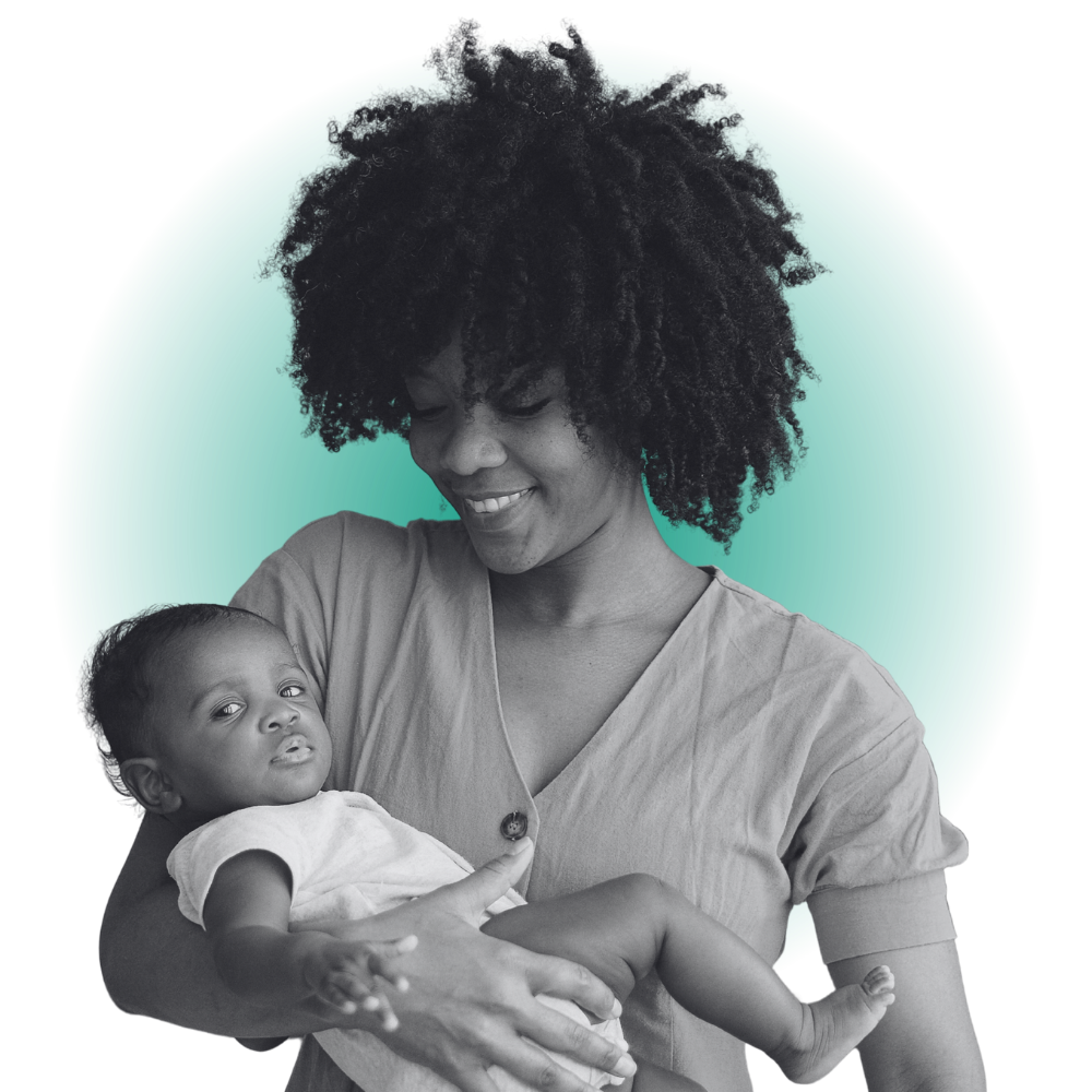 A woman with curly hair smiling and holding a young child, with a digital green circle background.