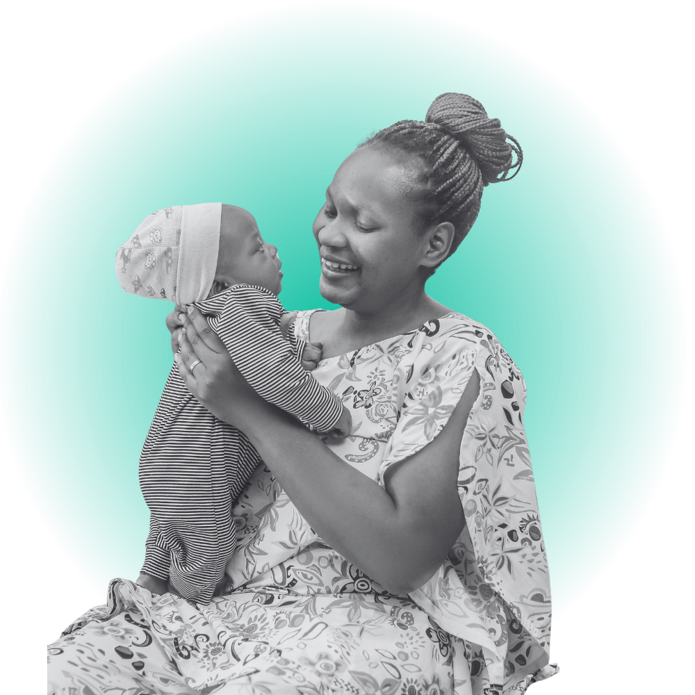A woman with braided hair smiling and holding a baby, who is wearing a striped outfit and a hat, against a teal circular background.