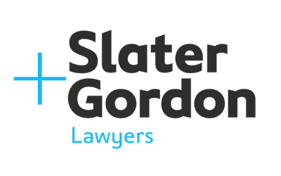 Logo for Slater Gordon Lawyers with a blue plus sign and blue text