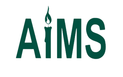 A logo with the letters A, I, M, S in dark green, featuring a lit candle with a flame over the letter I.