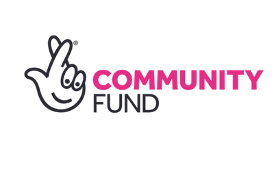 Logo of a community fund featuring a smiling hand making a peace sign, with the words 'COMMUNITY FUND' in pink and gray.