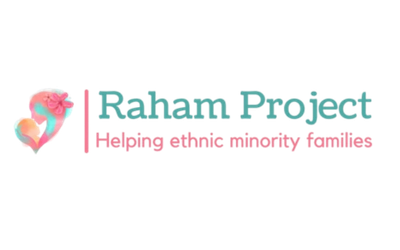 Logo for the Raham Project with a pink heart and teal outline, and the tagline 'Helping children, families & communities'.
