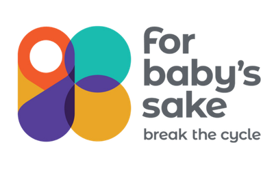 Logo with four interconnected colorful teardrop shapes and the words 'for baby's sake' with 'break the cycle' below.