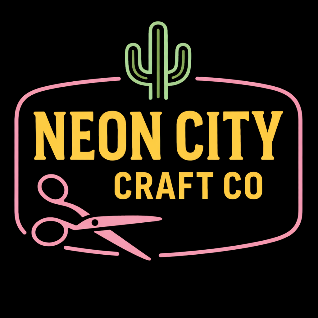 Neon sign with a cactus, scissors, and text that reads "Neon City Craft Co" on a black background.