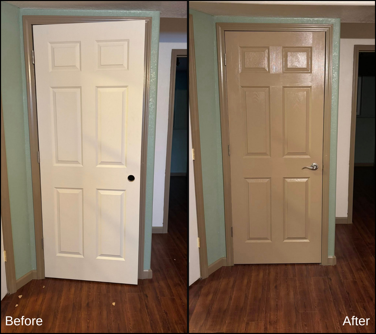 Side-by-side comparison photo of a door before and after painting. The door on the left is white with a hole for a doorknob, and the door on the right is painted in a light tan color with a new silver doorknob installed.