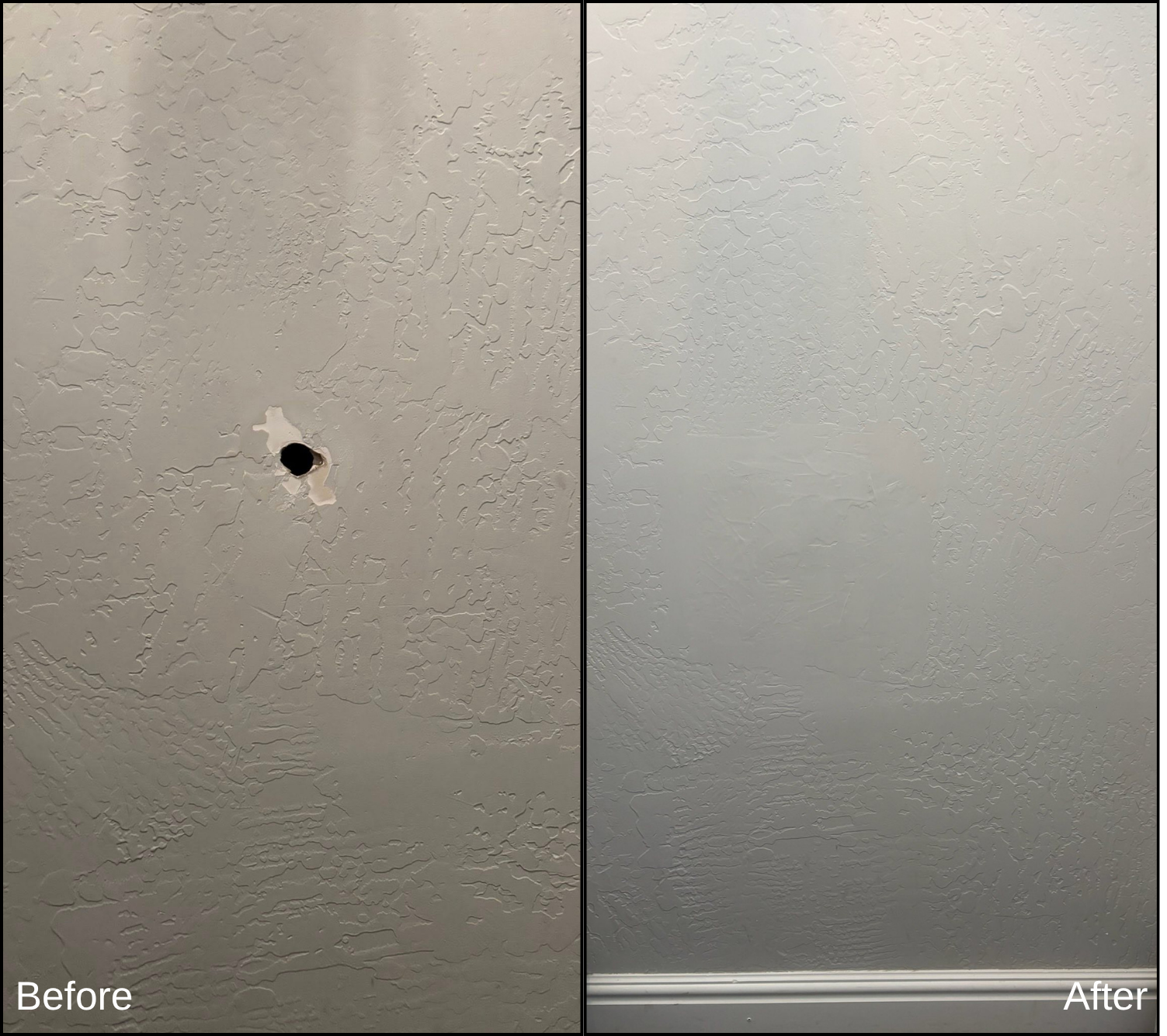 Comparison of a textured ceiling before and after cleaning or repair, showing a hole patched on the left side and a smooth, cleaned surface on the right side.