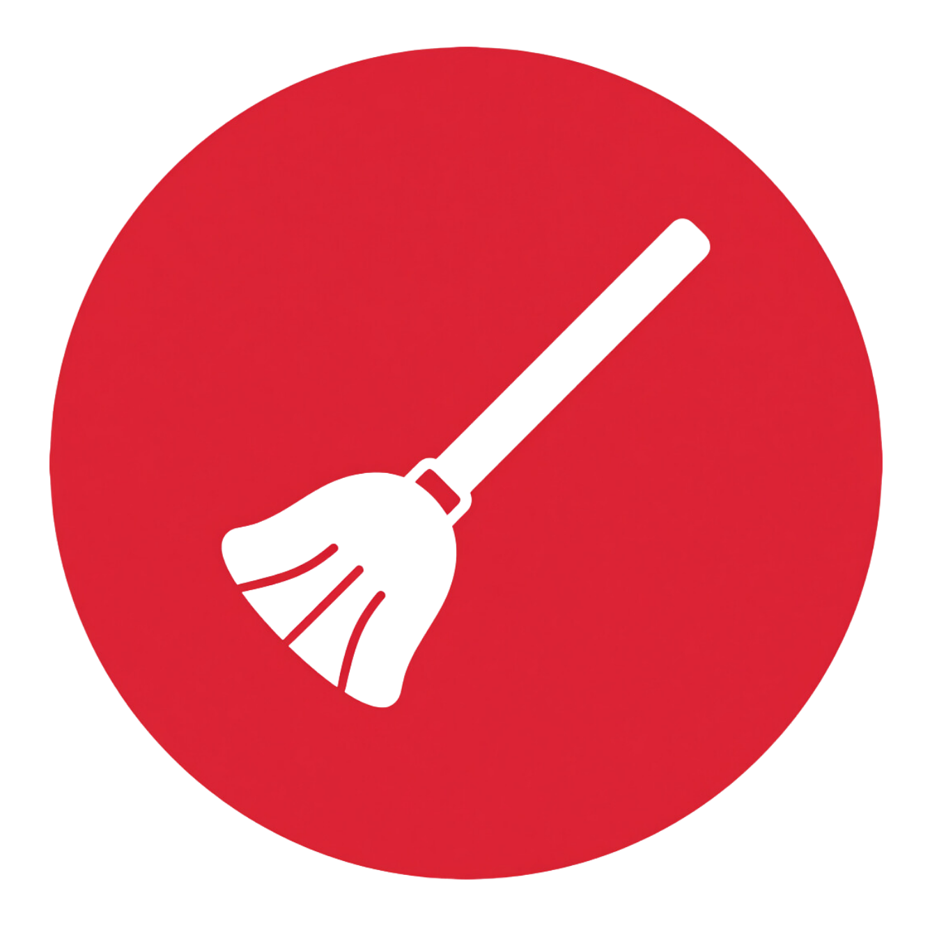 A red circular background with a black broom icon in the center.