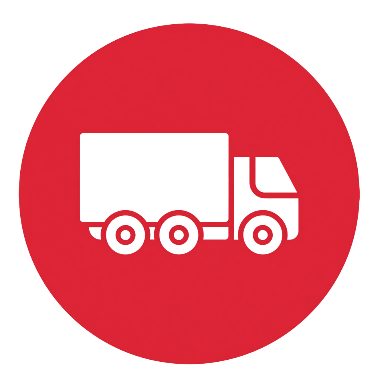Red circular icon with a silhouette of a truck.