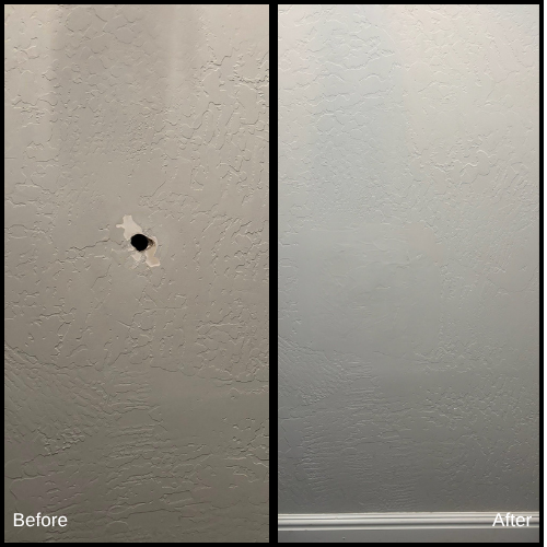 Comparison of a wall before and after patching a hole, showing a repaired, smooth surface.