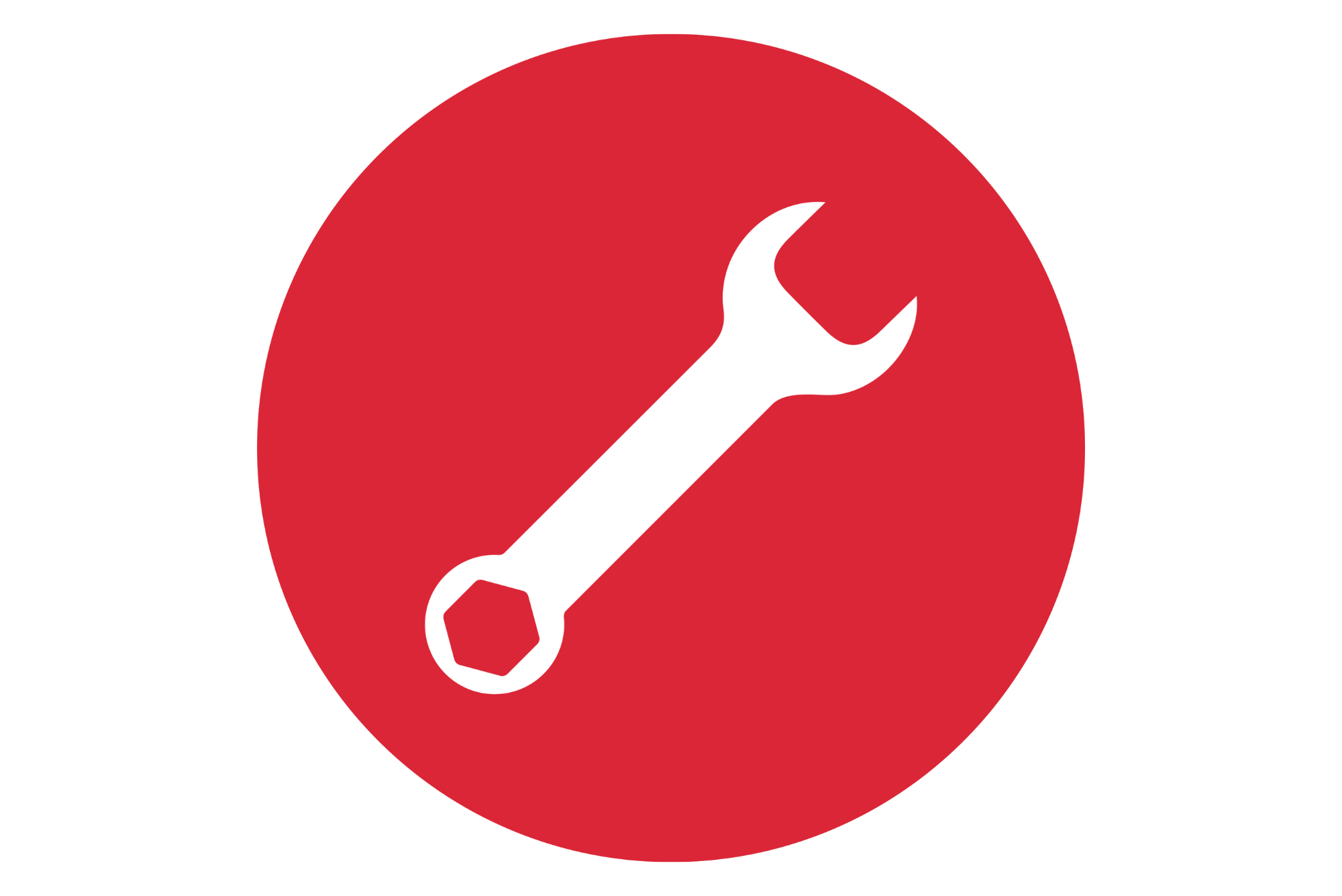 Icon of a black wrench on a red circular background.