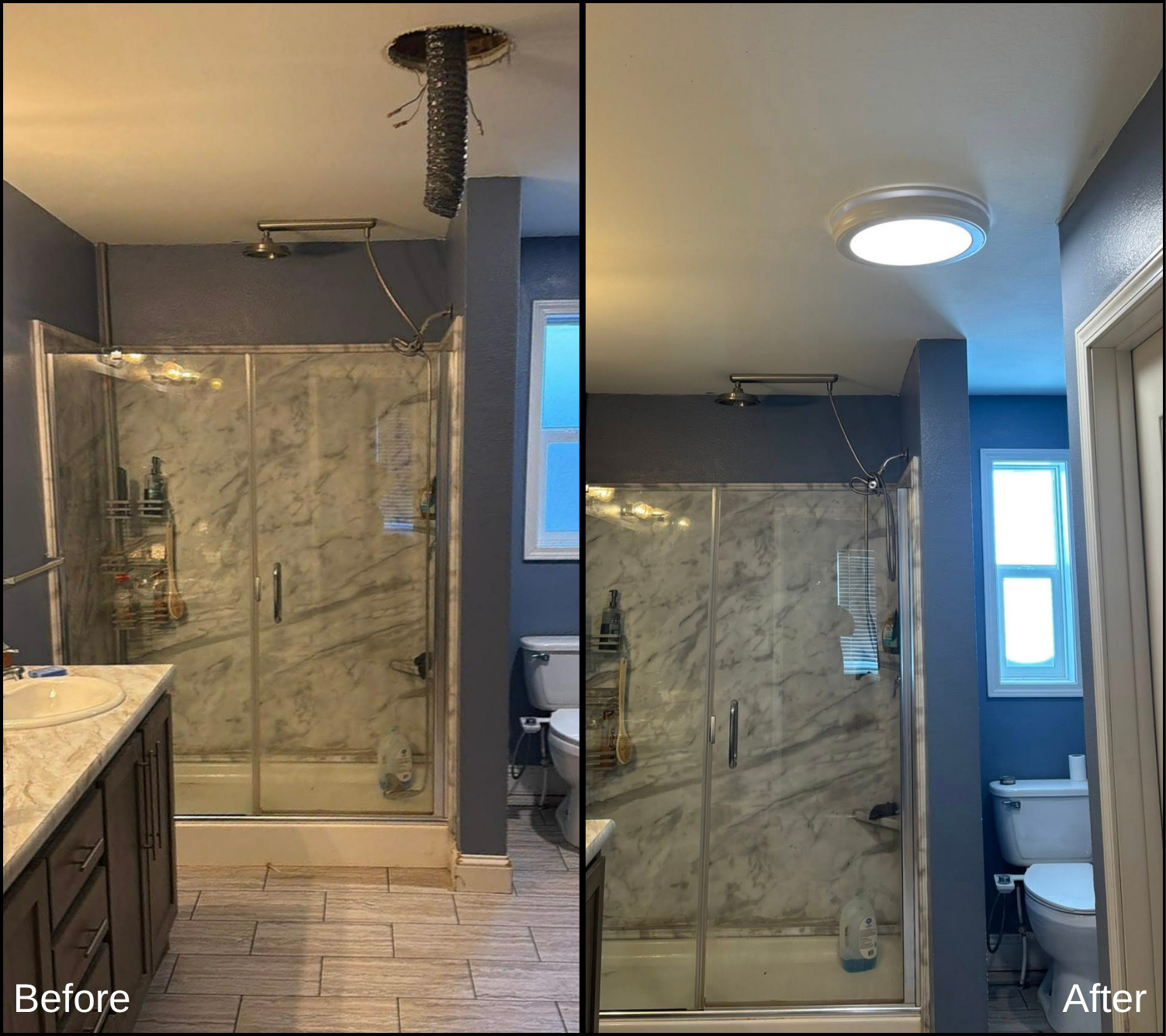 Bathroom renovation showing a shower with marble walls and sliding glass doors, a mirror, and a sink with a beige marble countertop in the before image; upgraded lighting, cleaner marble walls, and a bright ceiling light in the after image.