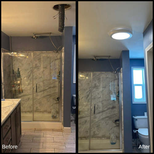 Bathroom with shower, before and after renovation. The 'before' side has an unfinished ceiling with exposed ductwork and wiring. The 'after' side has a finished ceiling with a round, modern light fixture. The bathroom has marble walls, a glass shower door, and a toilet visible on the right side.