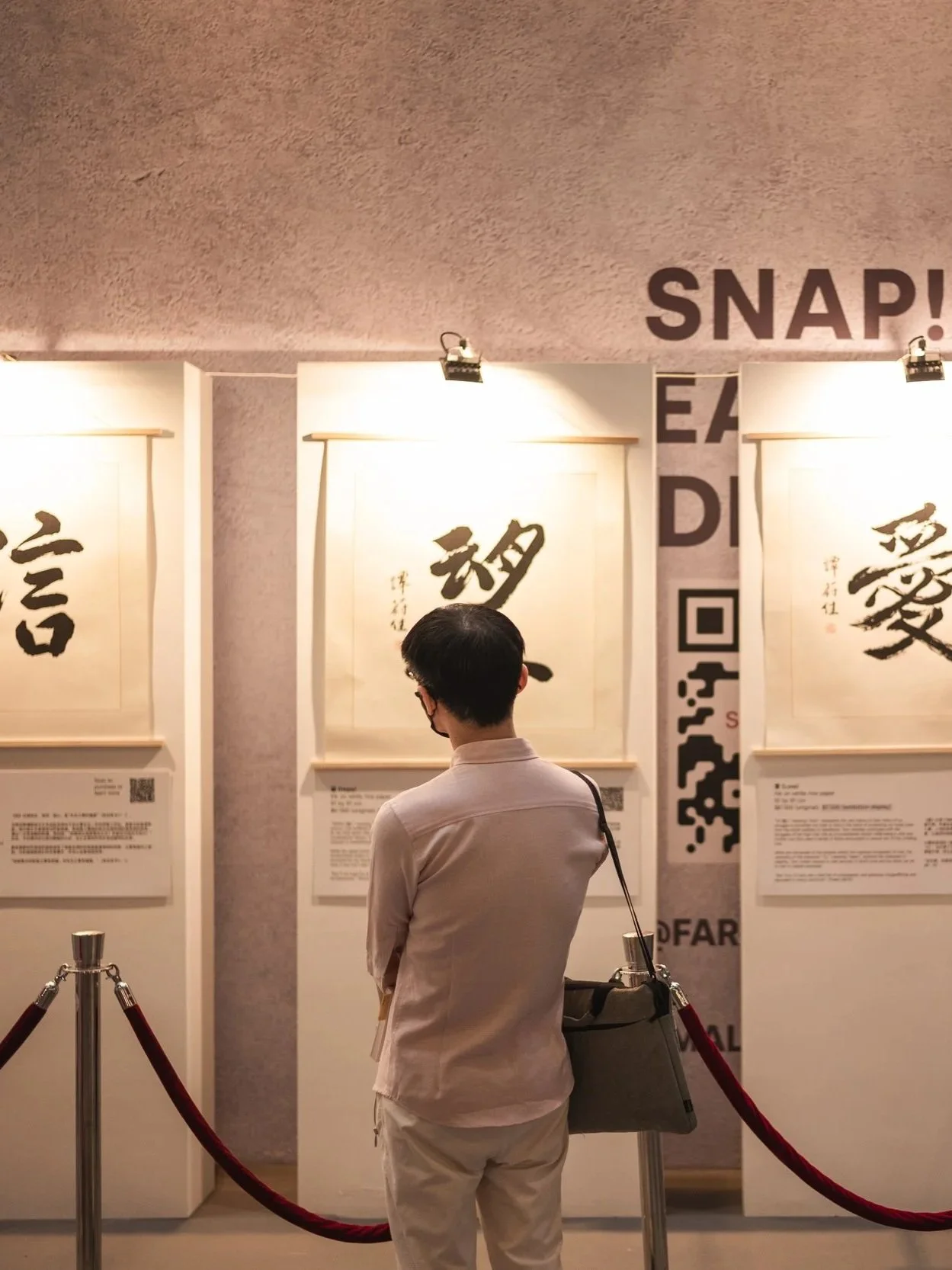 A person with short black hair, glasses, and light-colored attire looks at framed calligraphy artwork on a museum wall, behind a red velvet rope barrier.