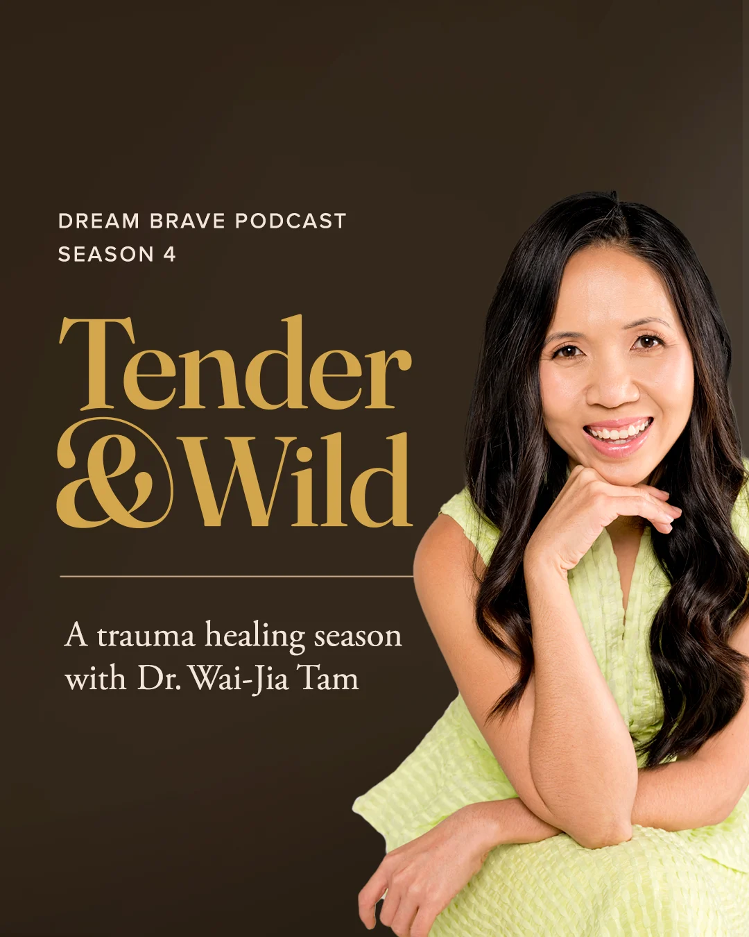 A woman with long dark hair, smiling and wearing a yellow textured sleeveless dress, posing with her hand on her hip against a plain light background. Text overlay says "Coming in 2026" and "Tender & Wild".