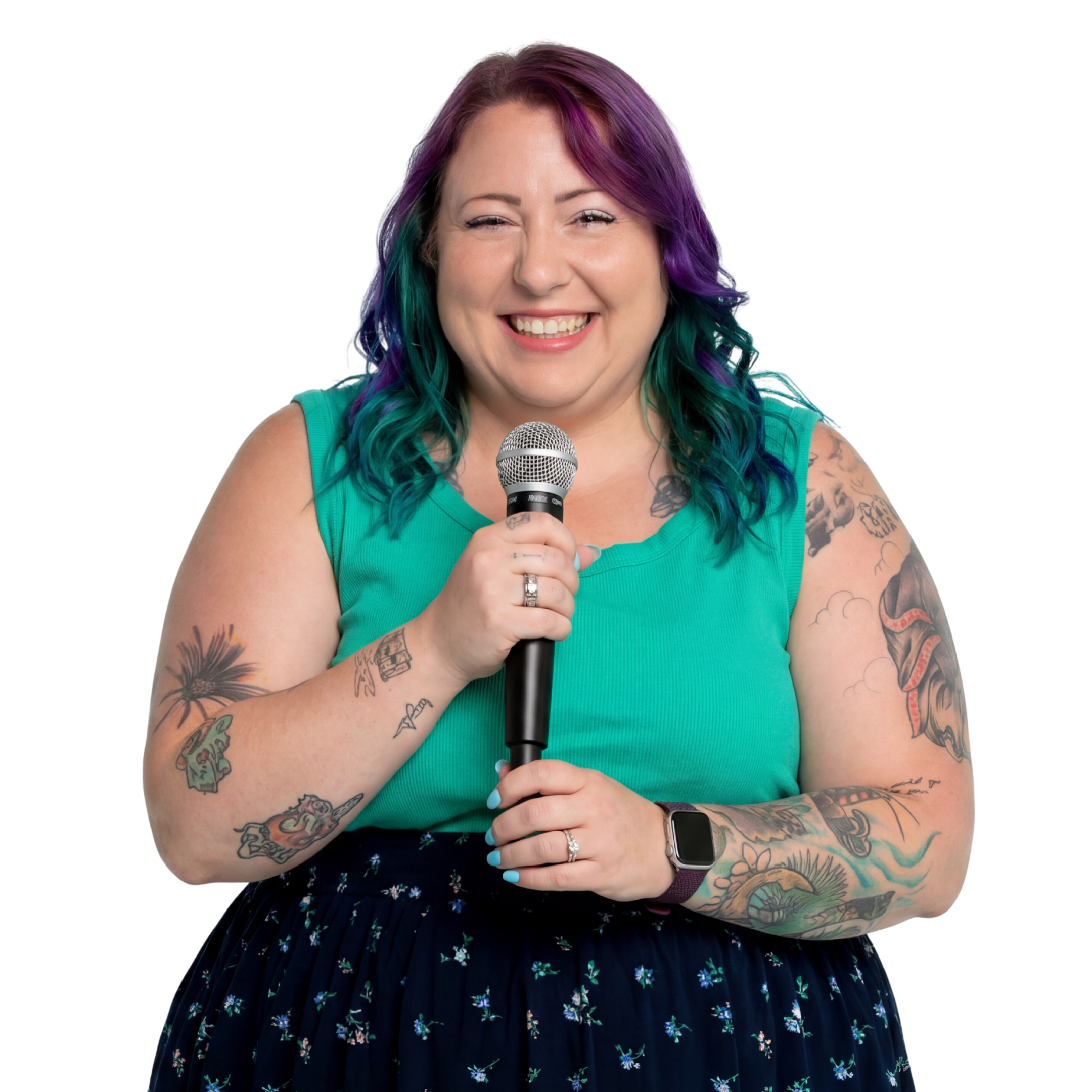 Samantha Willi holding a microphone while smiling
