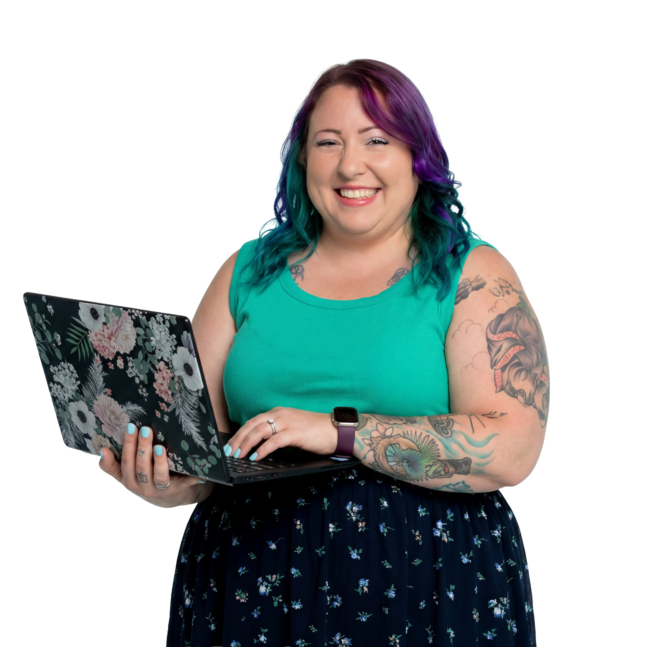 Samantha Willi holding an open laptop