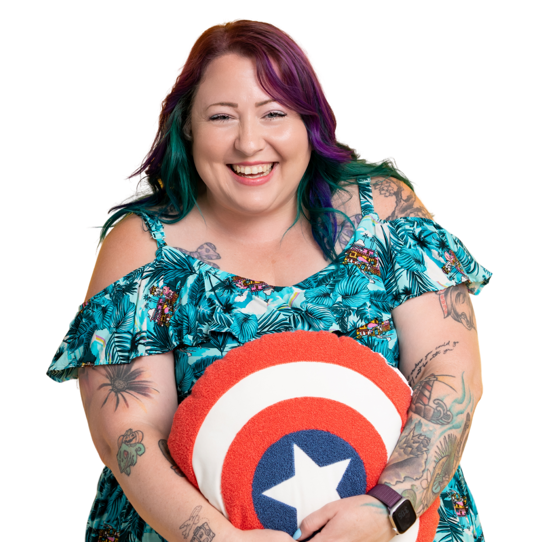 Samantha Willi smiling while holding a Captain America shield pillow