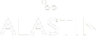 Outline of eyeglasses above the word "ALASTIN" in a minimalist style