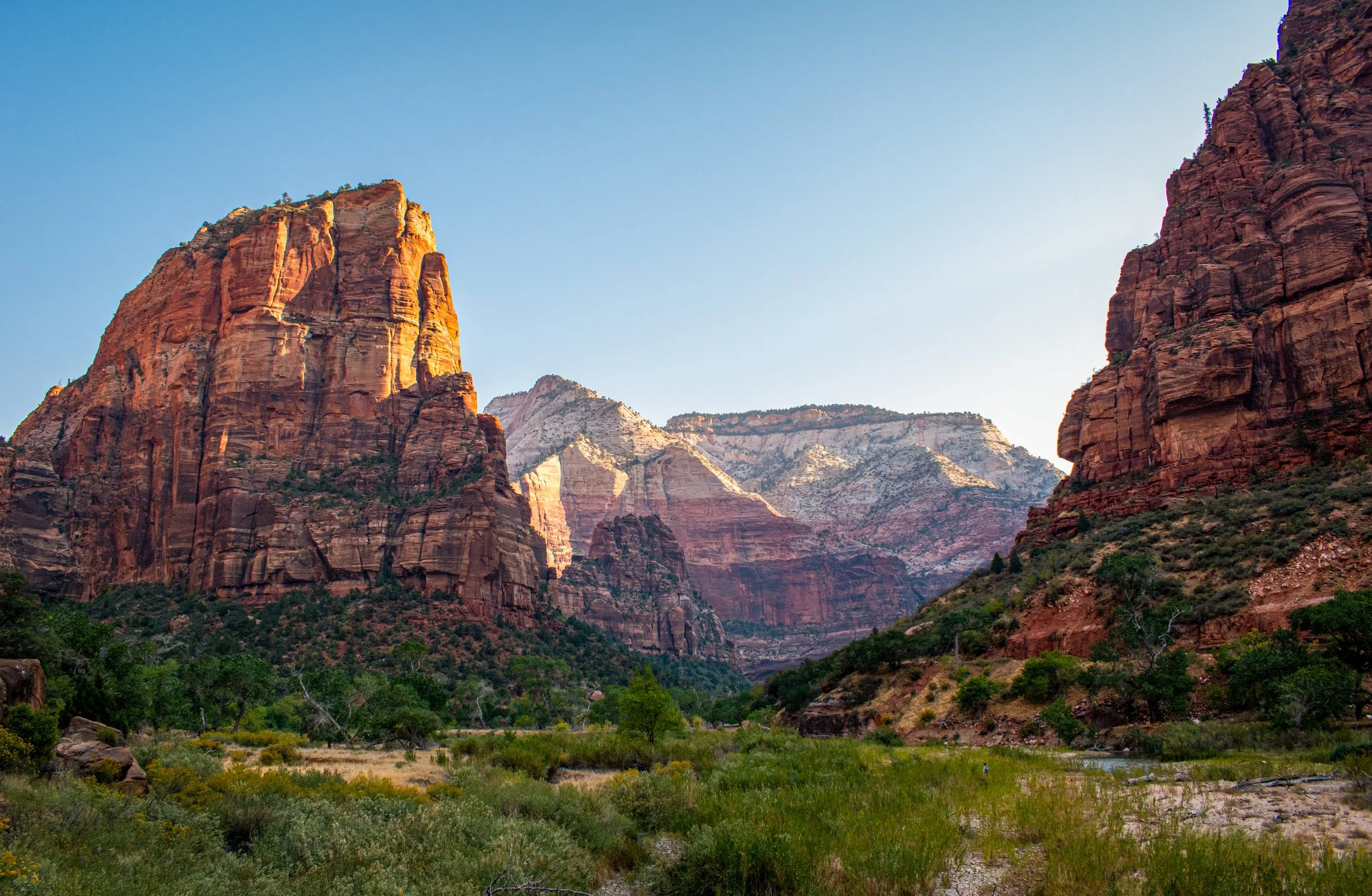 What feels of another world, the Zion basin below the iconic Angel’s Landing hike makes for a dramatic landscape. Giant cliffs, fertile grasses and a basin full of euphoria.