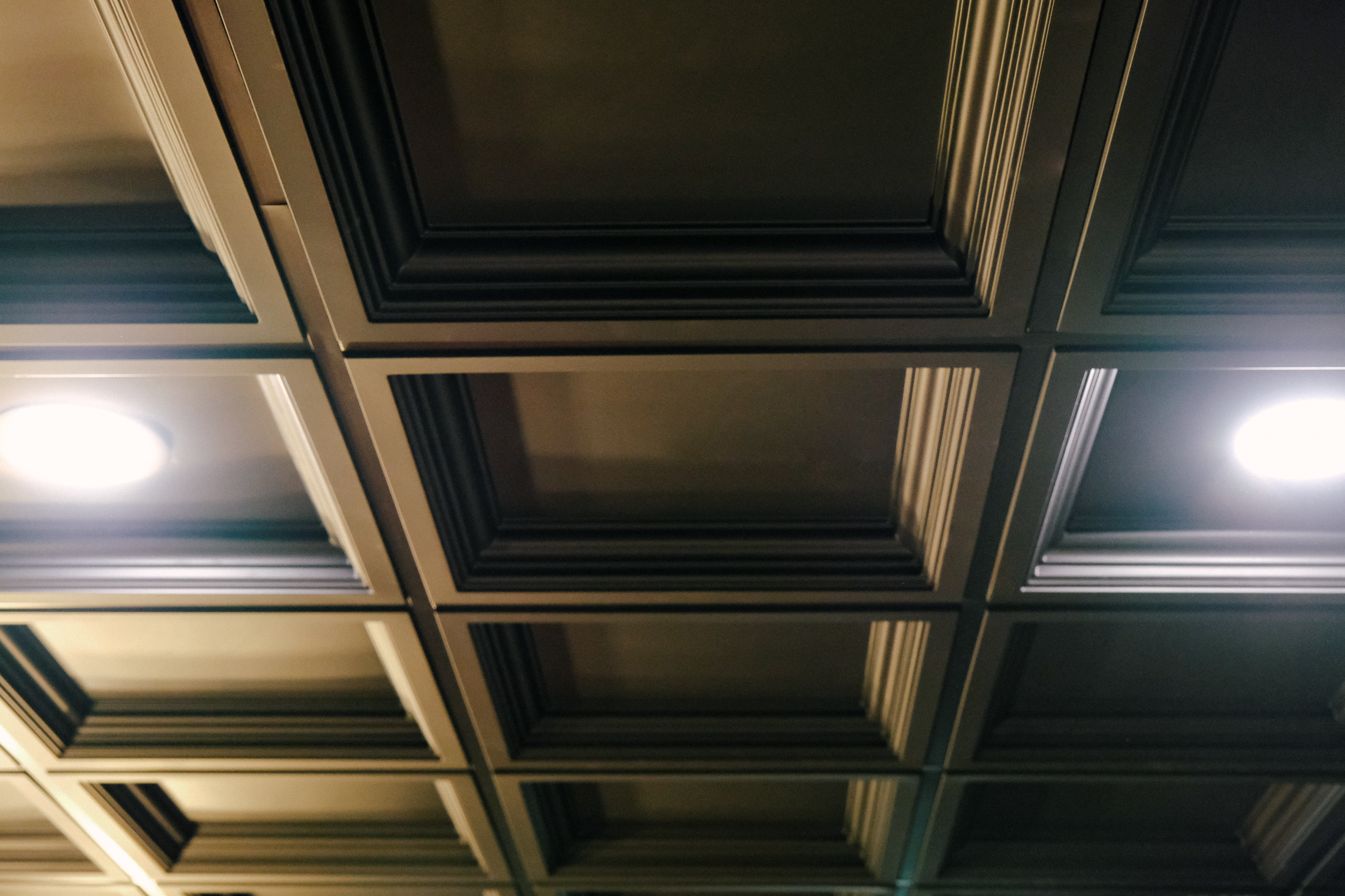 Gorgeous green coffered ceiling with geometric square panels, featuring two illuminated circular recessed lights.