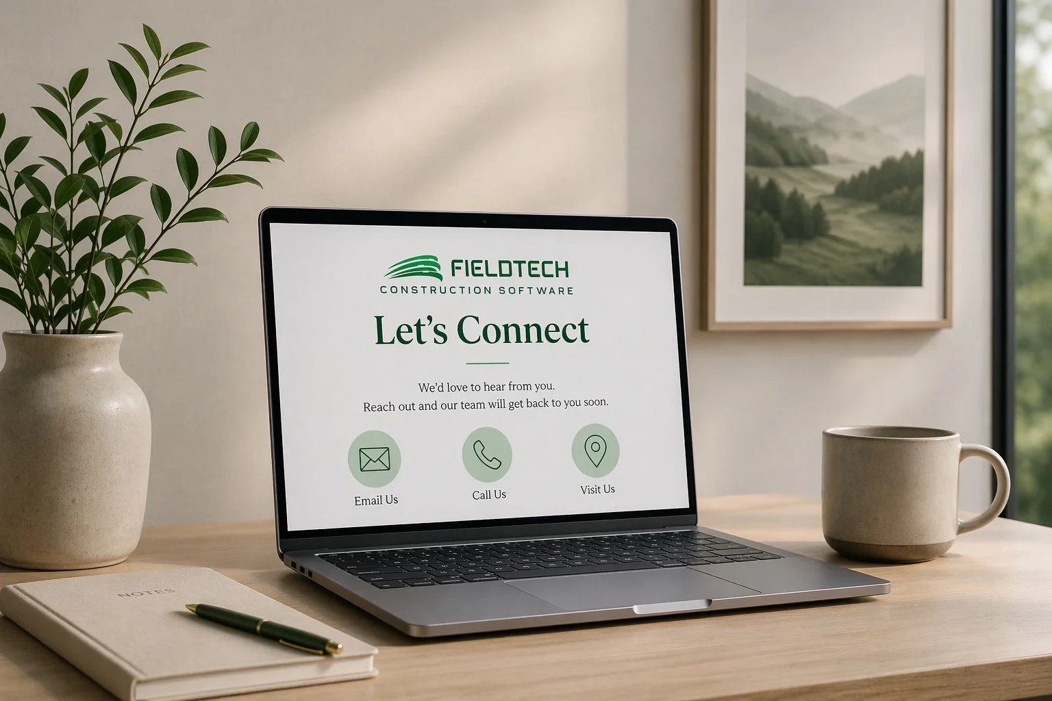 Laptop on a wooden desk displaying a contact page for Fieldtech Construction Software, with options to email, call, or visit.