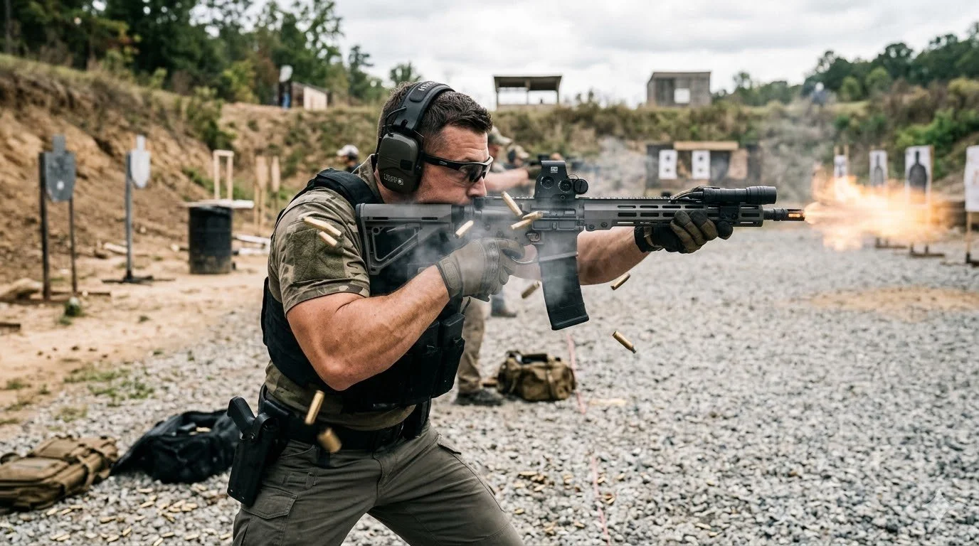 A man in tactical gear firing a rifle at an outdoor shooting range with targets in the background.