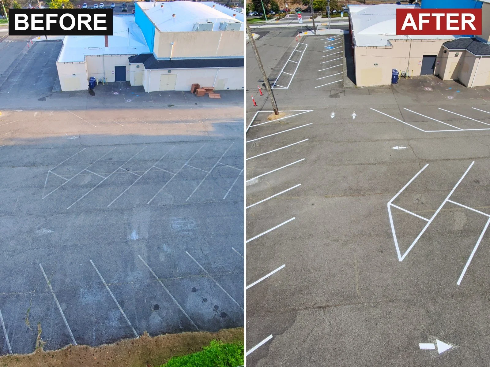 Before and after: a worn commercial parking lot with faded lines, then resurfaced with fresh sealcoat and crisp new striping.