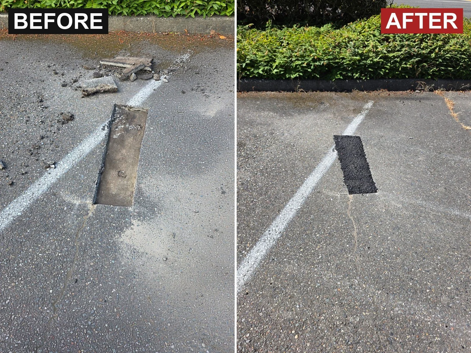 Before and after of an asphalt patch: a failed spot cut out at the stall line, then filled with fresh asphalt flush to the lot.