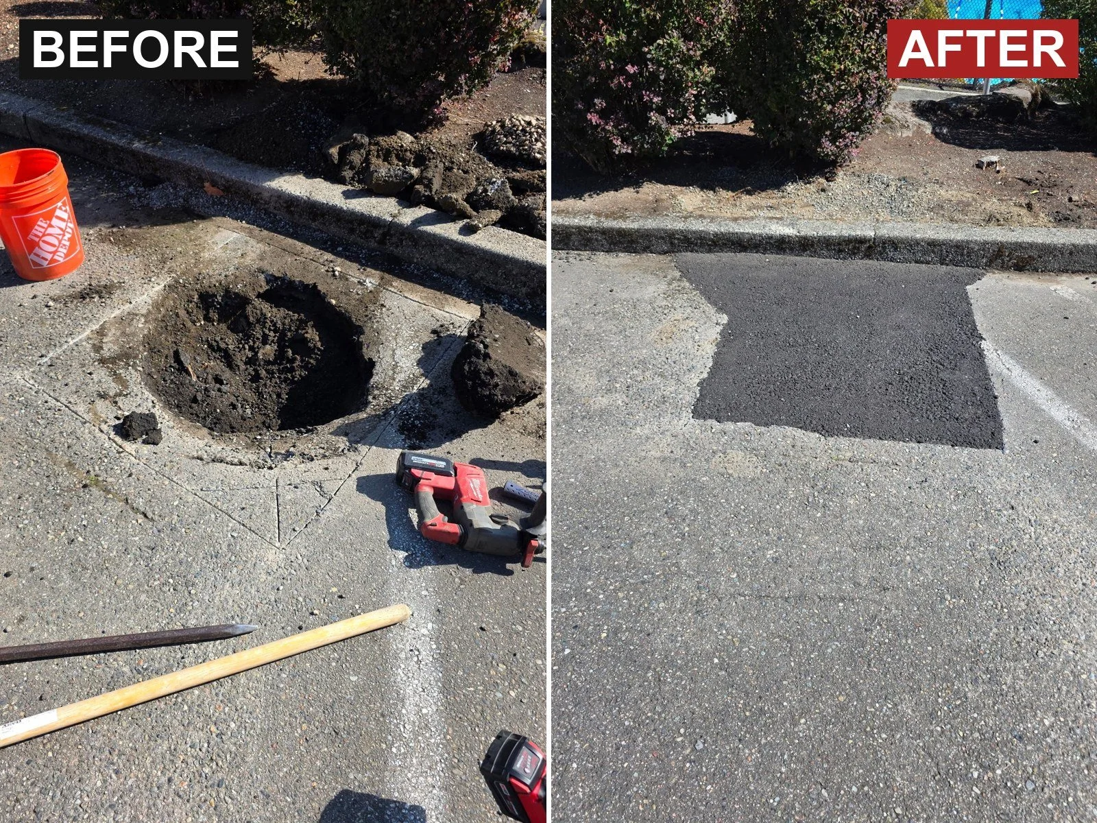 Before and after of an asphalt repair: a failed section dug out down to a deep hole, then filled with fresh asphalt flush to the lot.