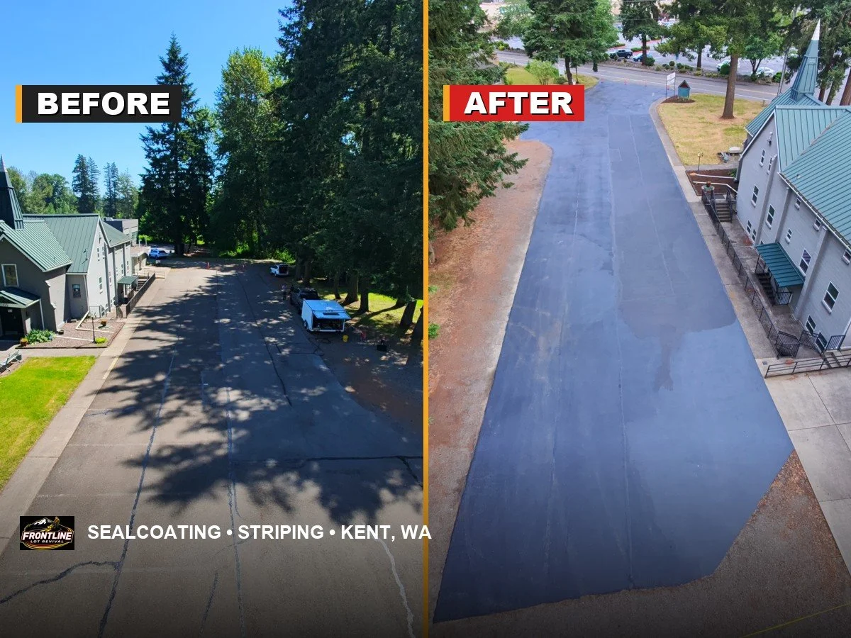 Church parking lot, faded and cracked, then resurfaced and restriped.