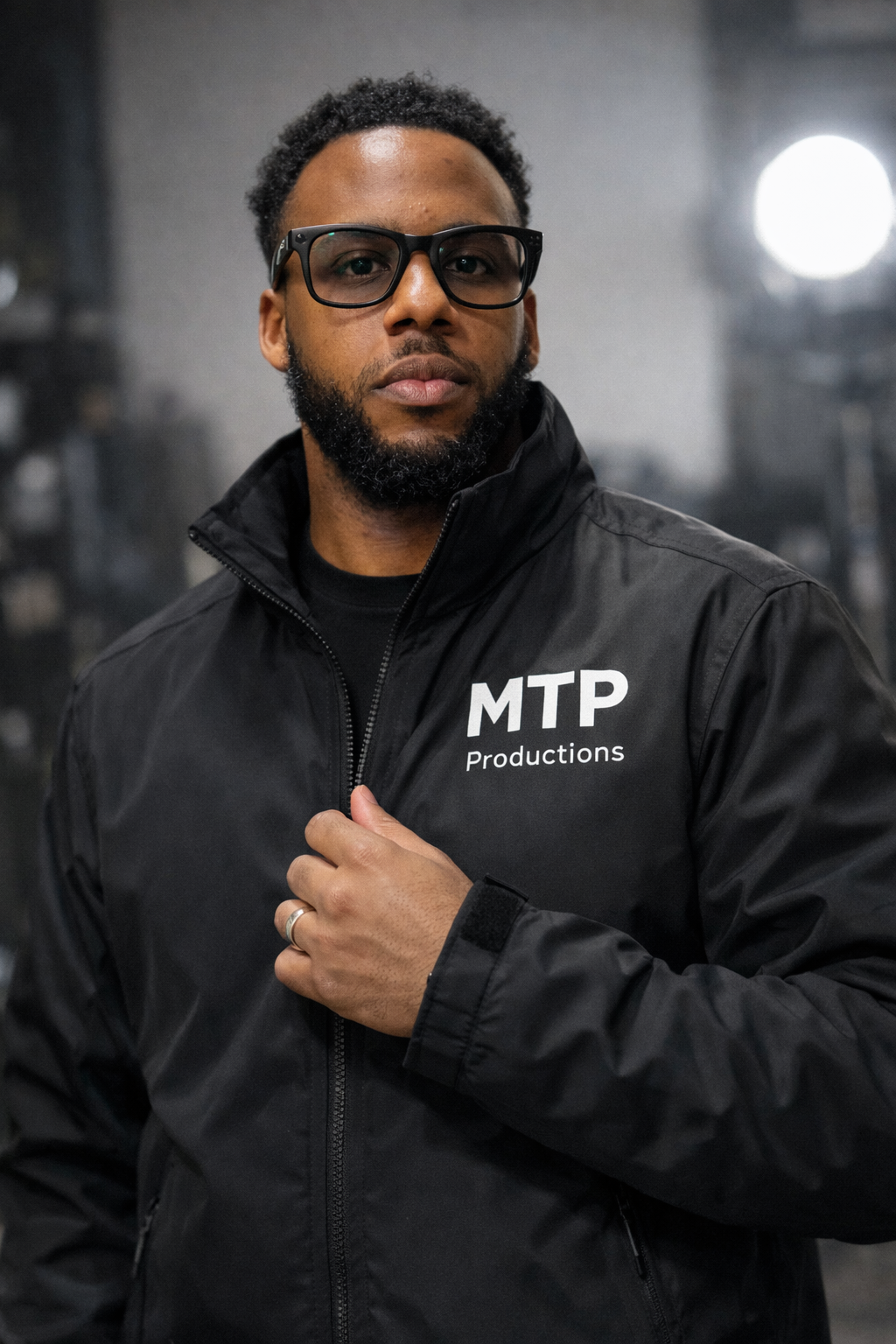 A confident man with glasses and a beard wearing a black jacket with 'MTP Productions' logo, standing in a studio or stage setting.
