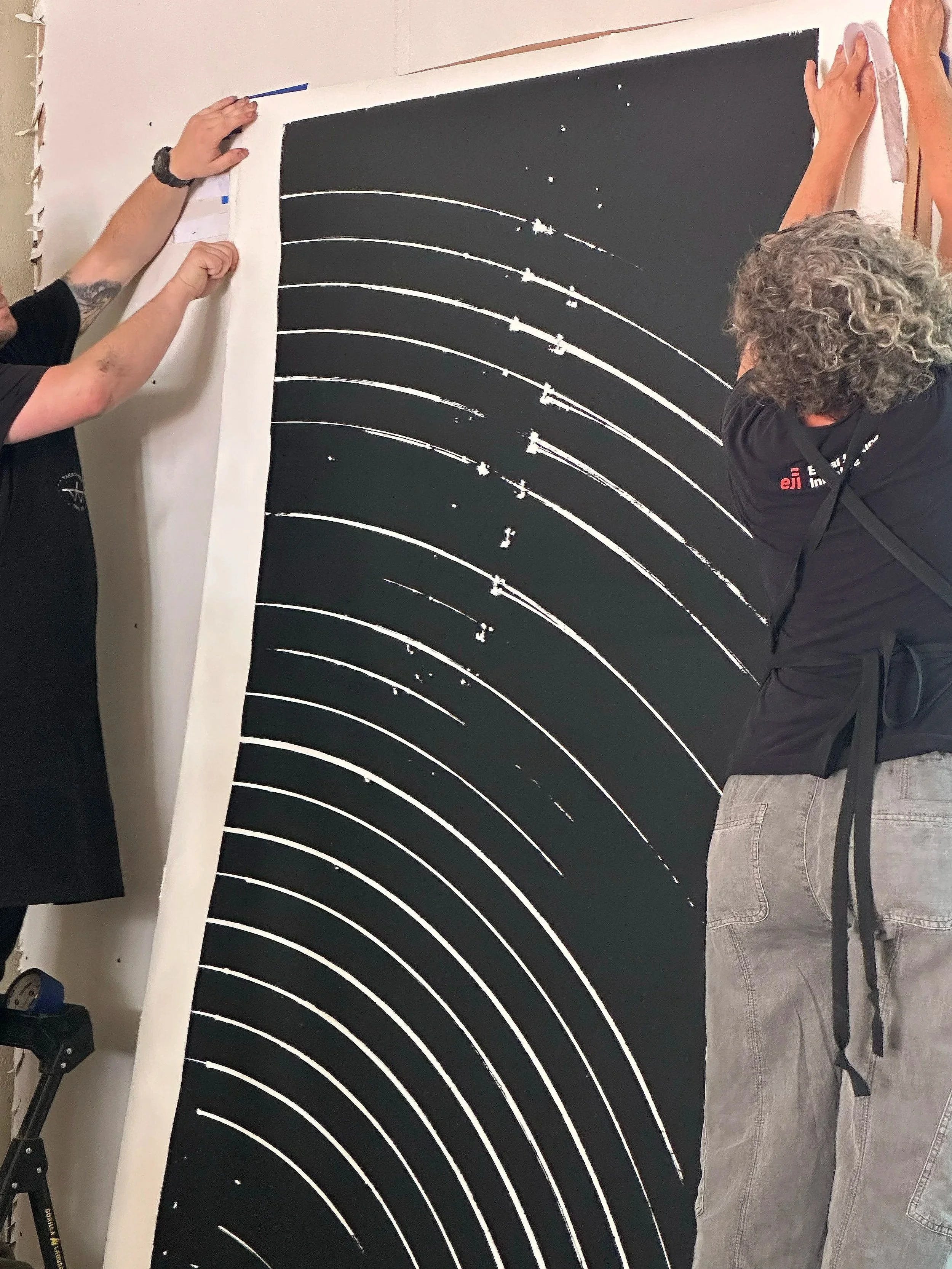 One of 8- 4'x8' panels for the oversized relief woodprint  "SPIN"