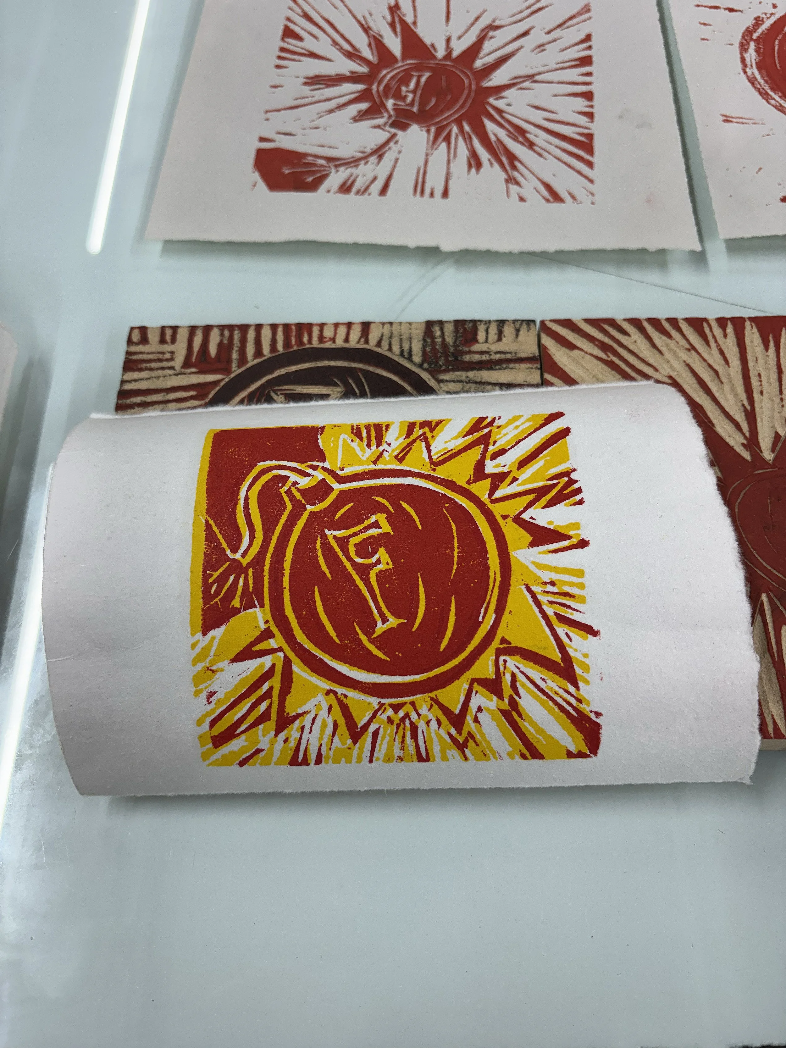 Two color reduction woodcut "F - BOMB"