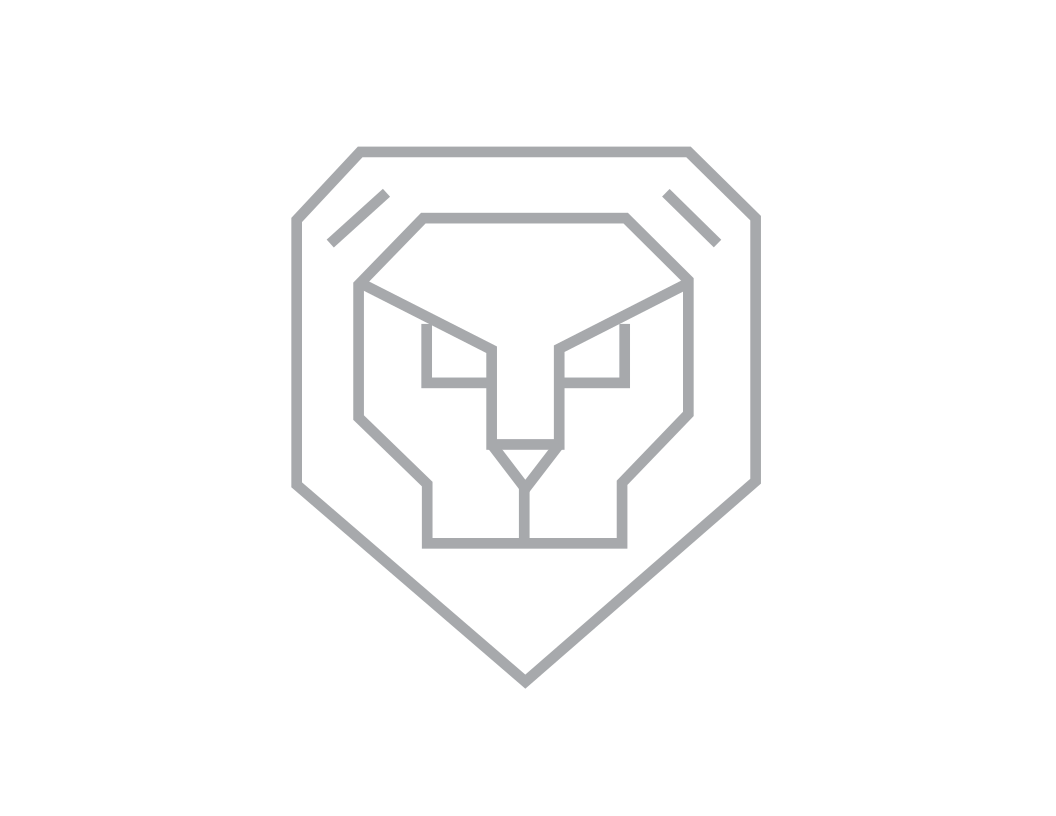 Outlined geometric design of a lion's face inside a shield.