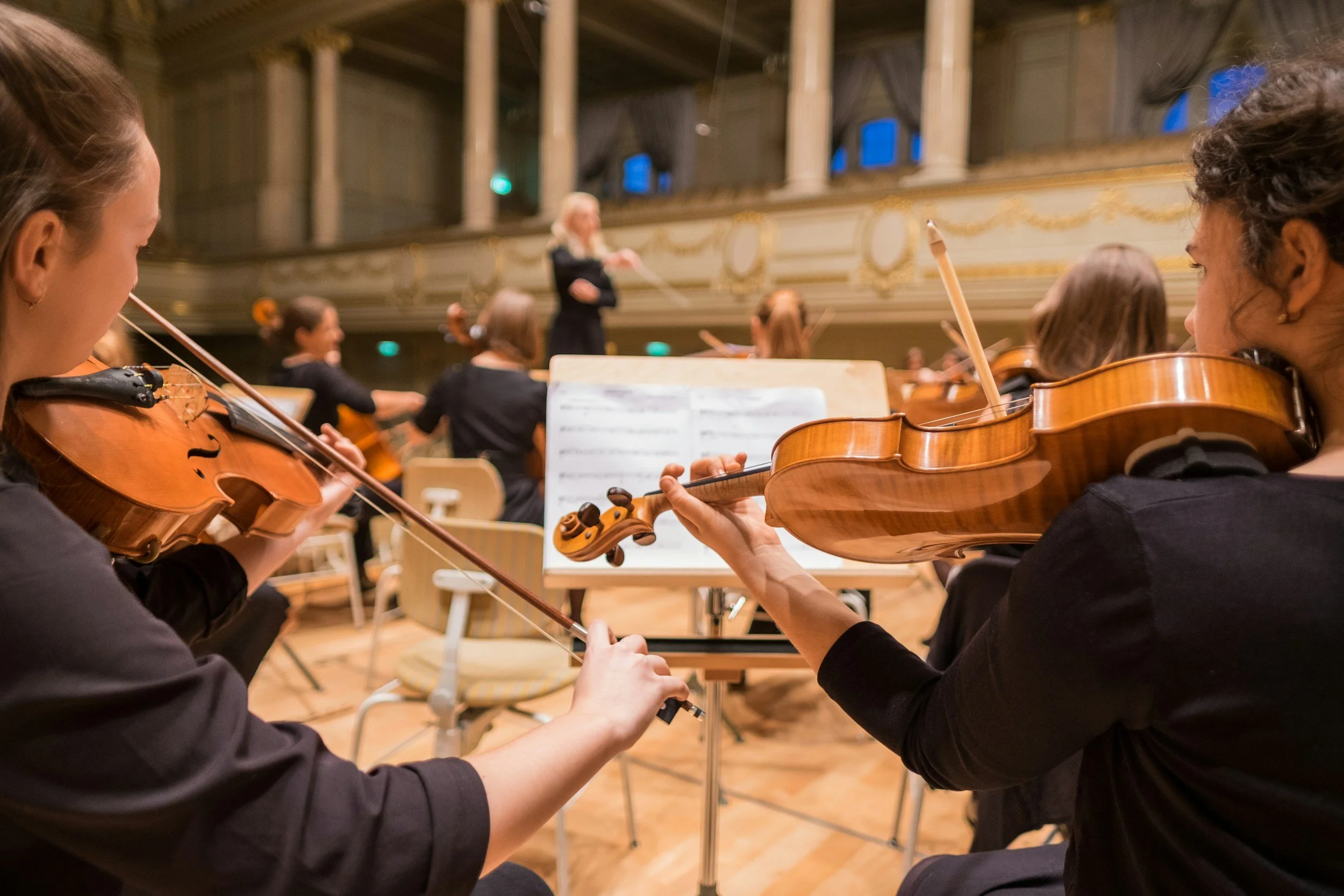 Orchestra performs in a concert hall with musicians playing violins, viewed from behind.