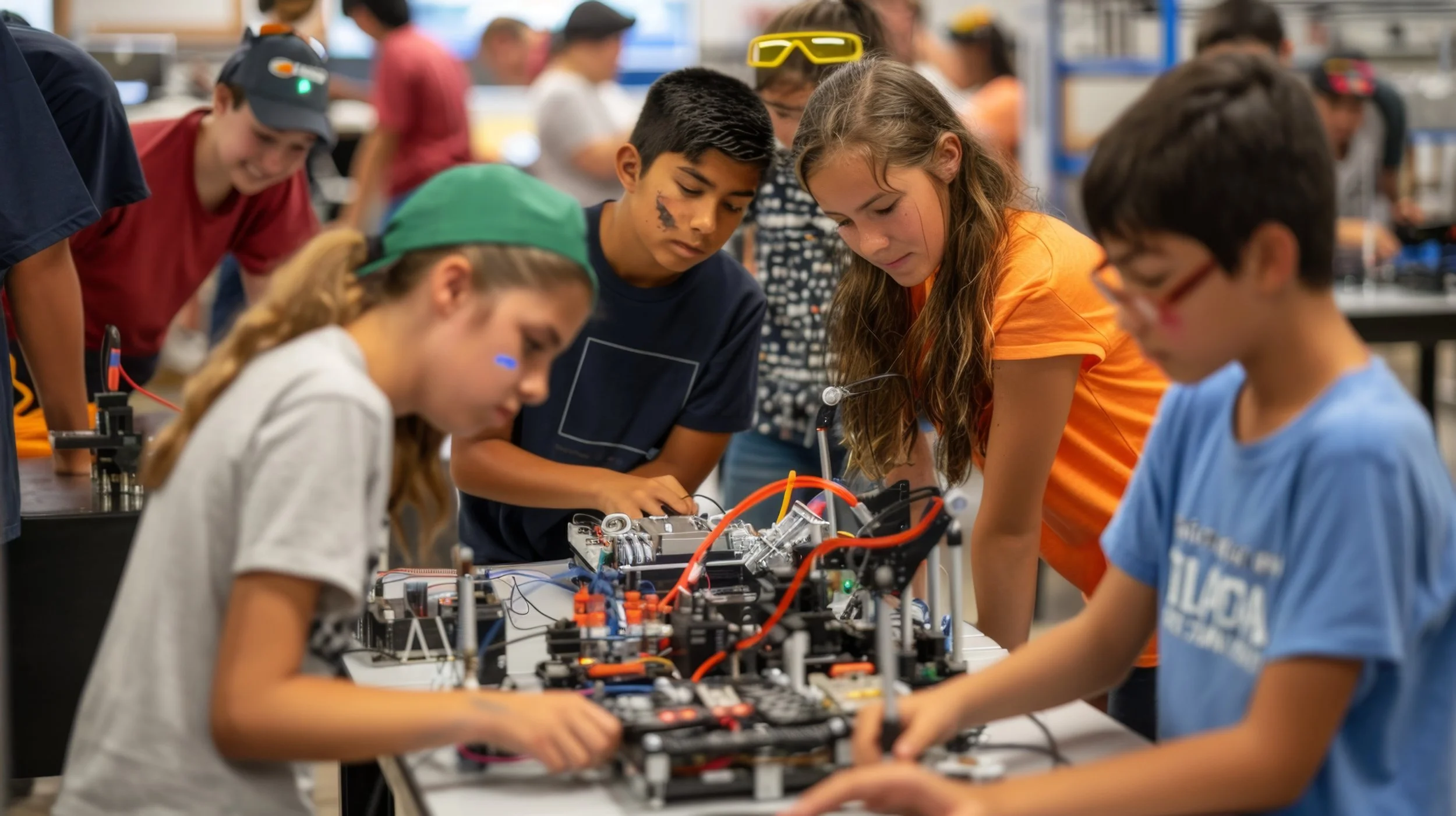Group of children working on robotic engineering project in a classroom or workshop.