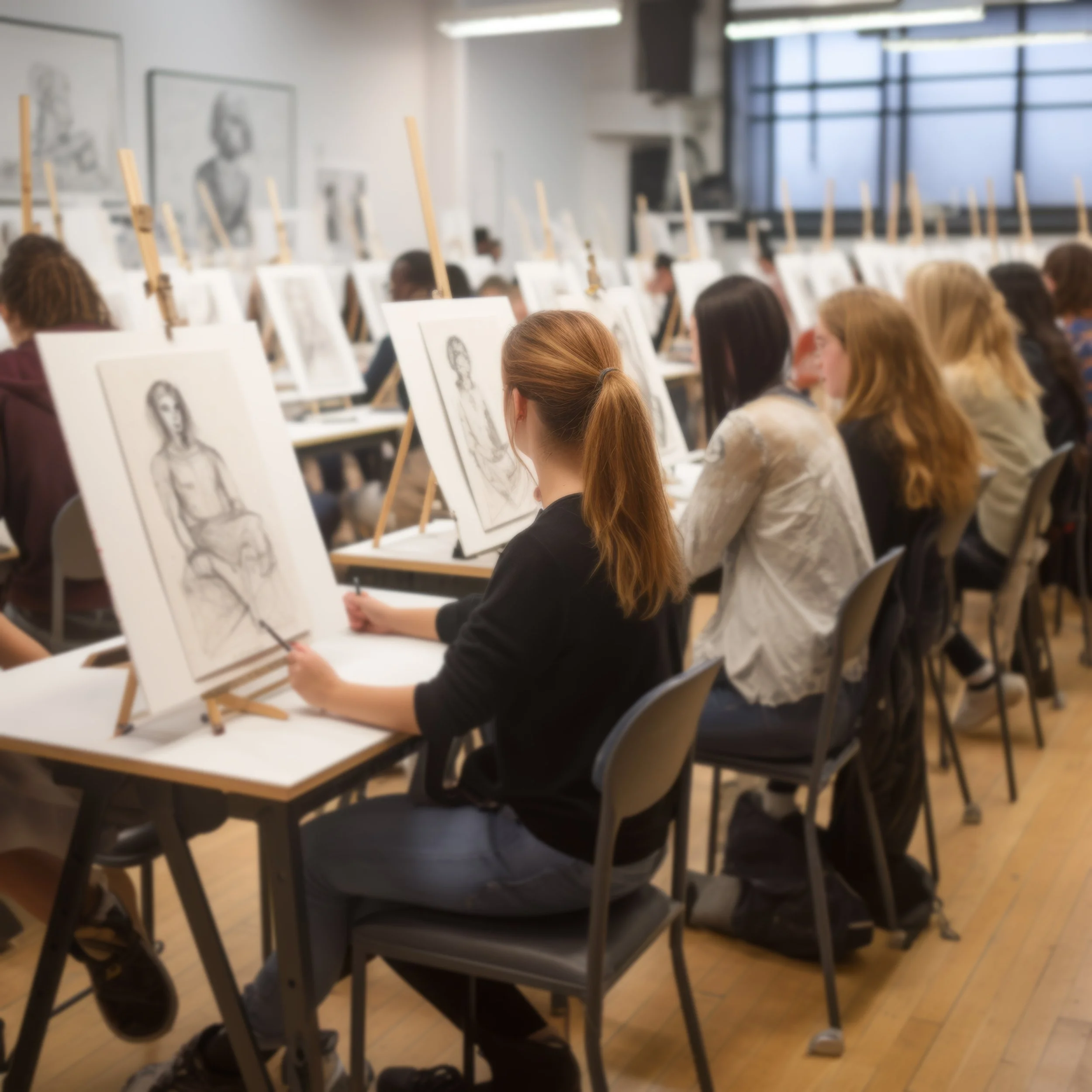 Students in an art class drawing portraits at easels.