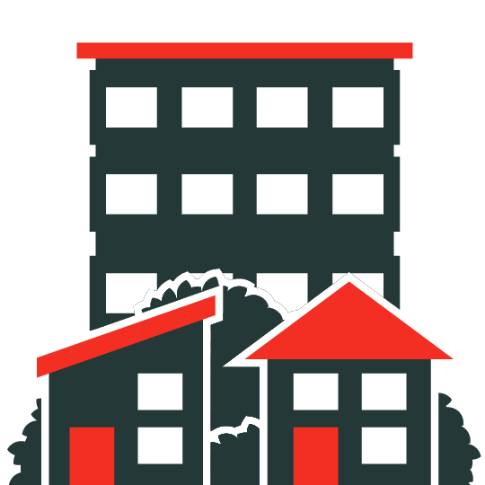 Icon featuring two different types of houses and a block of flats behind them