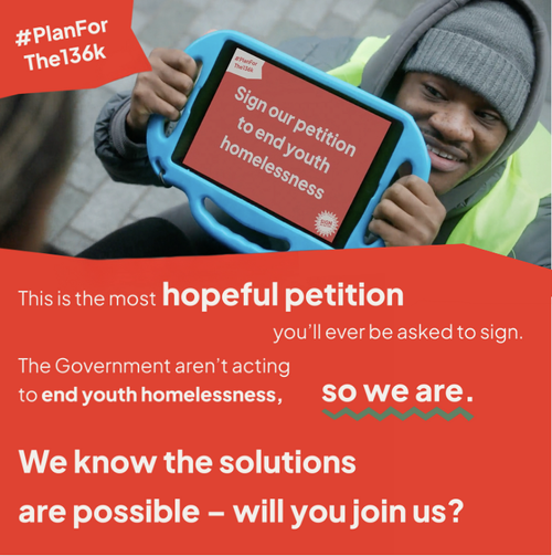 A graphic promoting the petition for a youth homelessness strategy