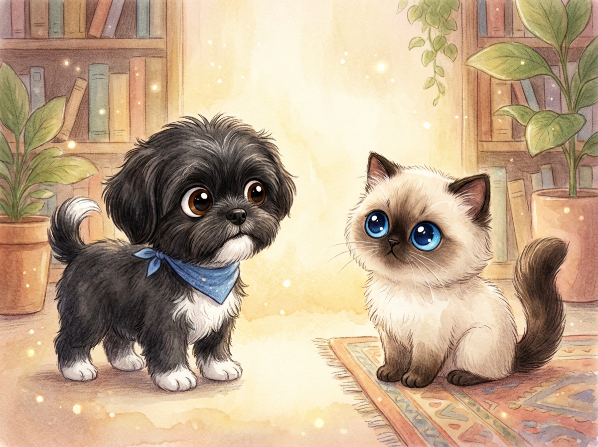A cute illustration of a small black and white puppy with brown eyes wearing a blue bandana and a Siamese cat with blue eyes sitting on a patterned rug inside a cozy room with bookshelves and potted plants.