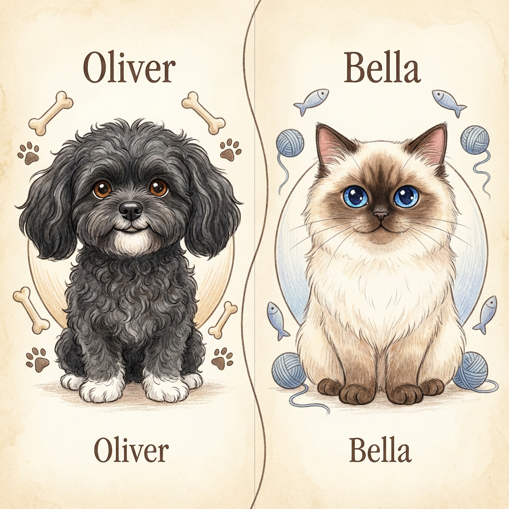 Illustration of a black dog named Oliver on the left with bones and paw prints around him, and a cream-colored cat named Bella on the right with fish and yarn balls around her, separated by a wavy line.