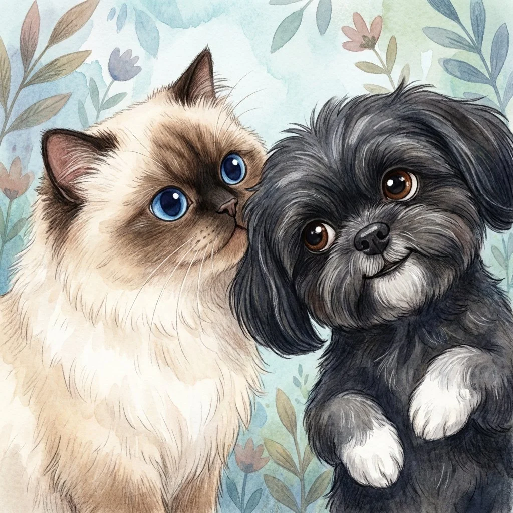 Illustration of a Siamese cat with blue eyes and a black and white dog with brown eyes, both surrounded by pastel-colored leaves and flowers.