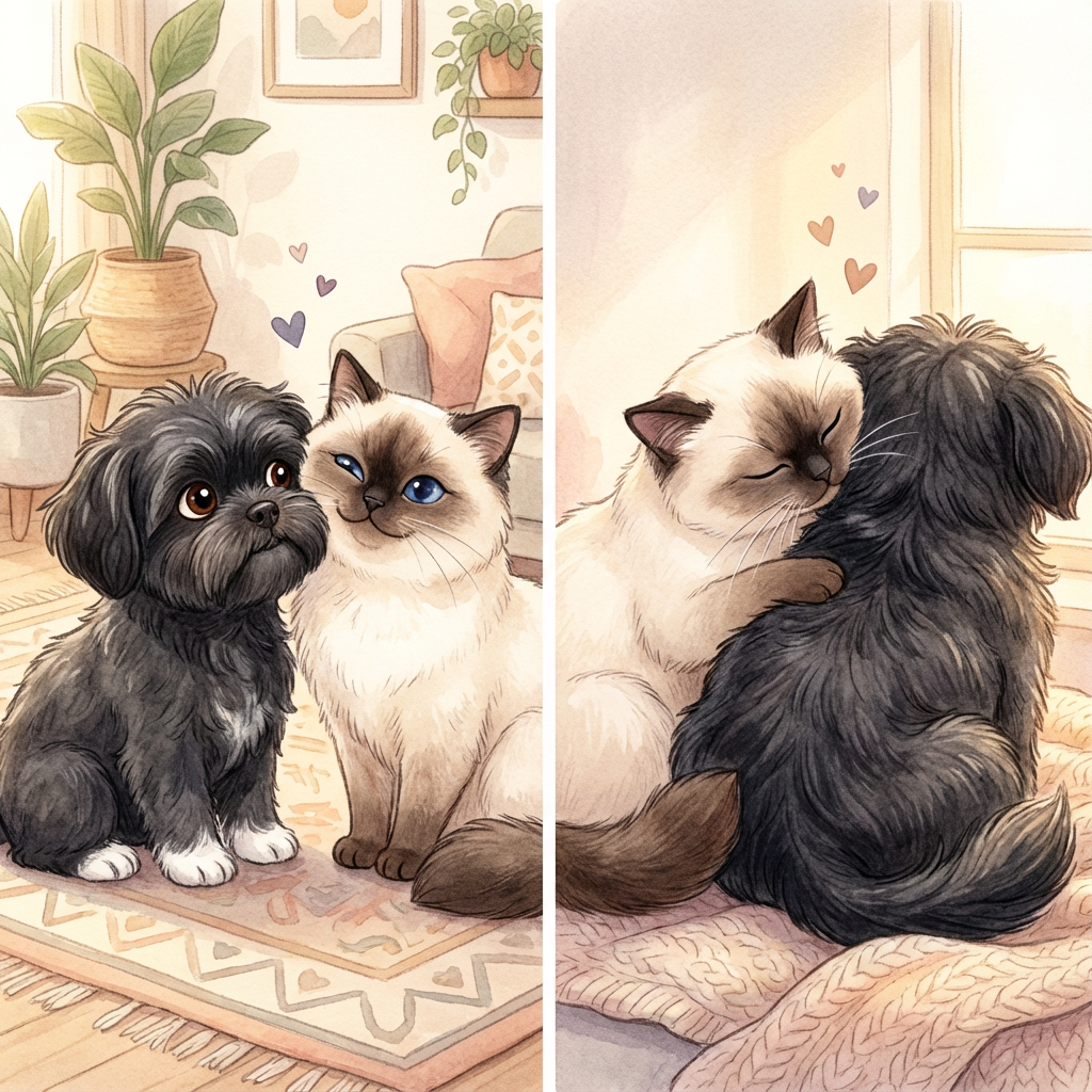 An illustration of a black dog and a Siamese cat sitting together inside a cozy living room with plants and framed pictures on the wall. The cat is nuzzling the dog affectionately, and both animals look content. In another scene, the cat and dog are cuddling on a blanket by a window, with hearts around them indicating love.